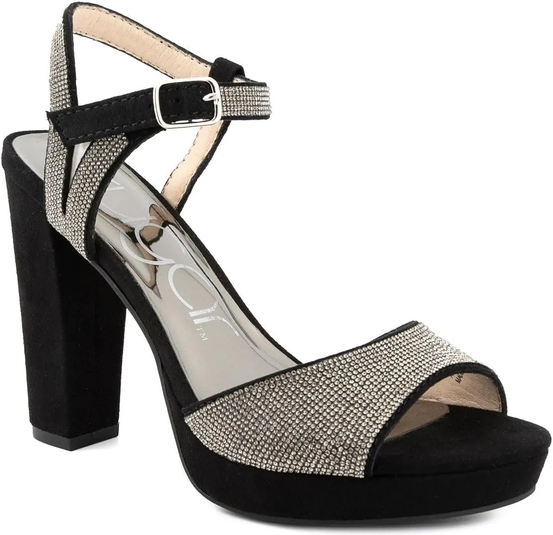 Sugar Women's Two Piece Block Heel Dress Shoe Ladies Ankle Strap Pump Sandal with Bead Detail - Open Back - Prisila Black 10
