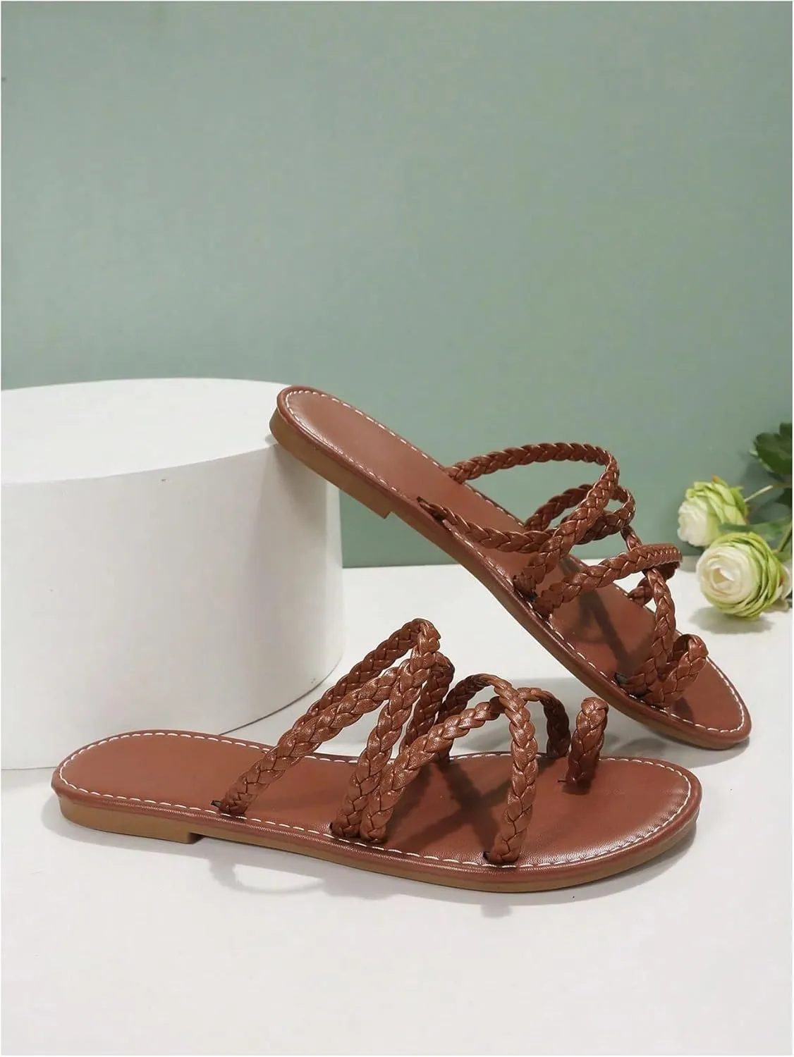 SweatyRocks Women's Braided Strappy Flat Sandals Criss Cross Open Toe Slip on Beach Sandal