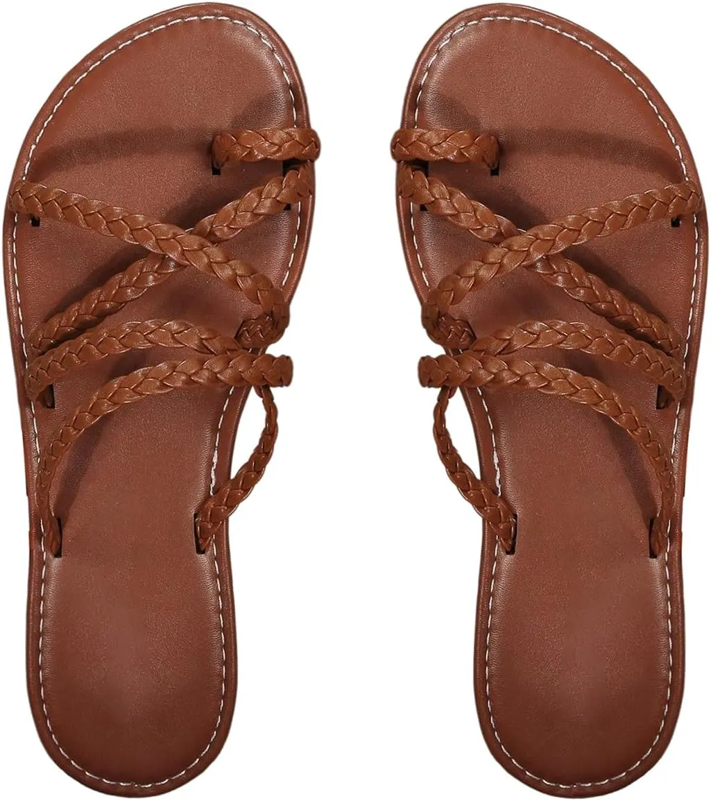 SweatyRocks Women's Braided Strappy Flat Sandals Criss Cross Open Toe Slip on Beach Sandal
