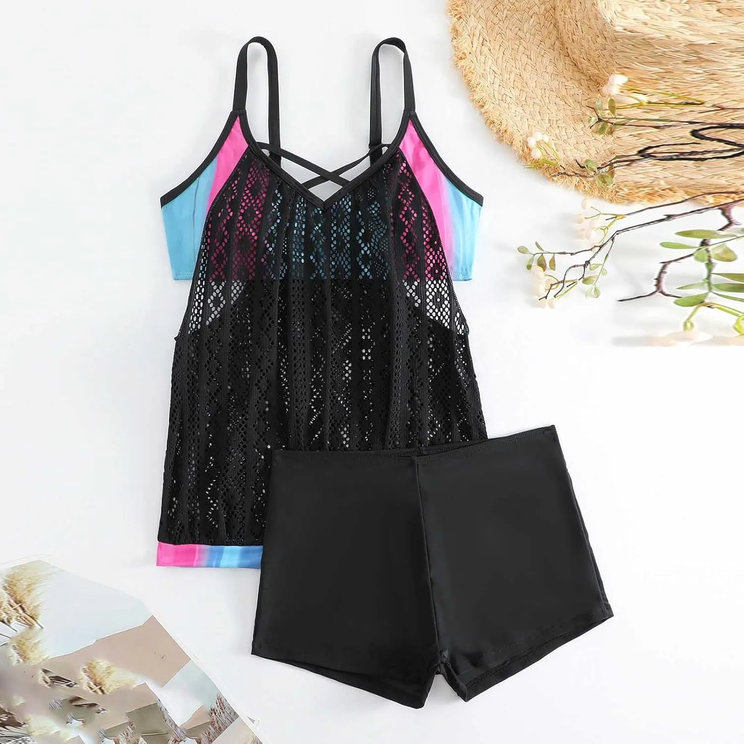 Tankini Swimsuits for Women Plus Size Vacation Tropical Bathing Suit Blouson Swim Suits Modest Tummy Control Swimwear