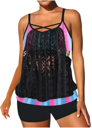 Tankini Swimsuits for Women Plus Size Vacation Tropical Bathing Suit Blouson Swim Suits Modest Tummy Control Swimwear