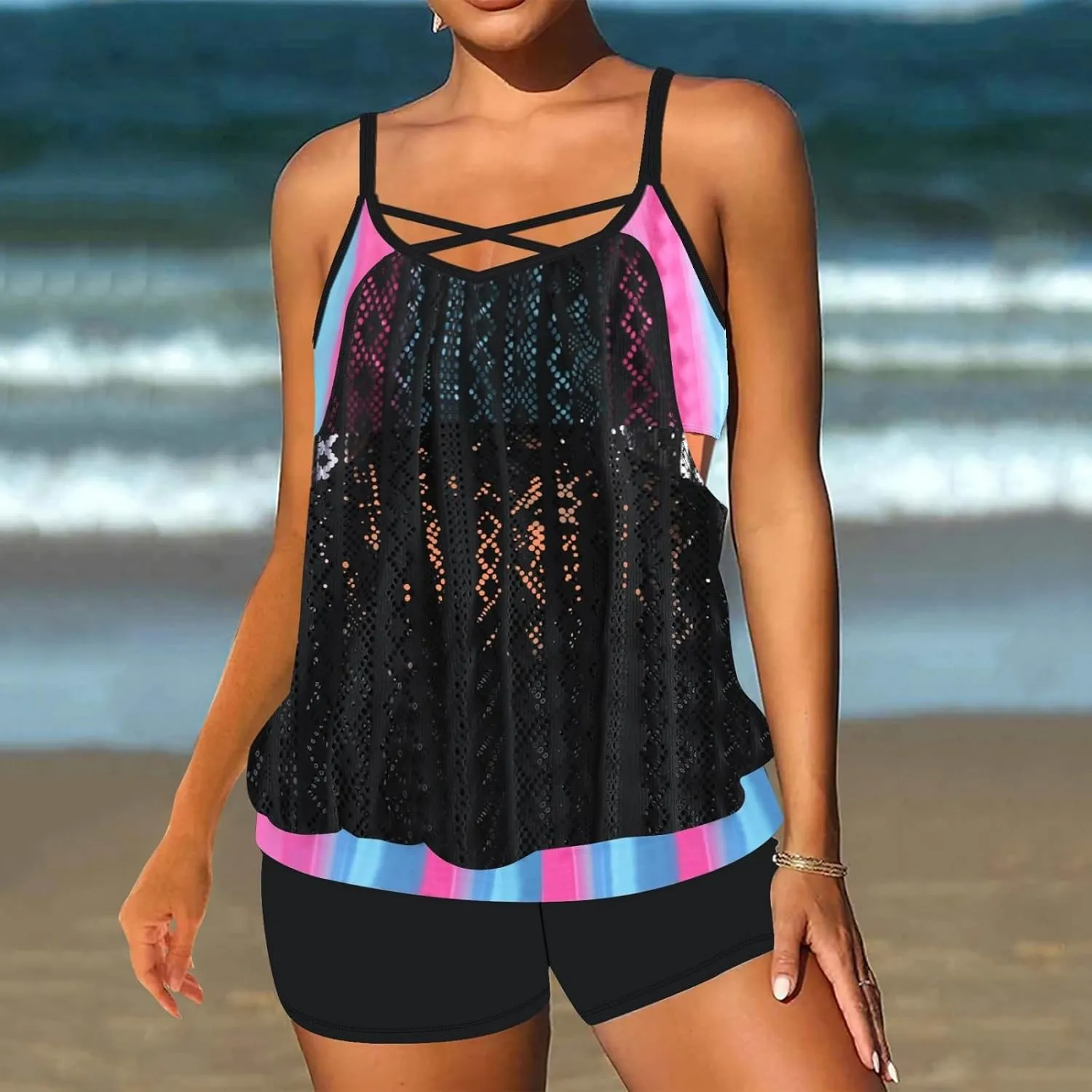 Tankini Swimsuits for Women Plus Size Vacation Tropical Bathing Suit Blouson Swim Suits Modest Tummy Control Swimwear