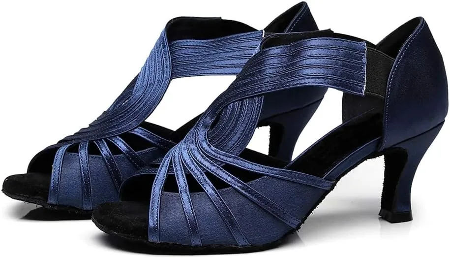 TDA Women's Mid Heel Peep Toe Slip-on Rumba Samba Salsa Ballroom Modern Latin Dance Shoes