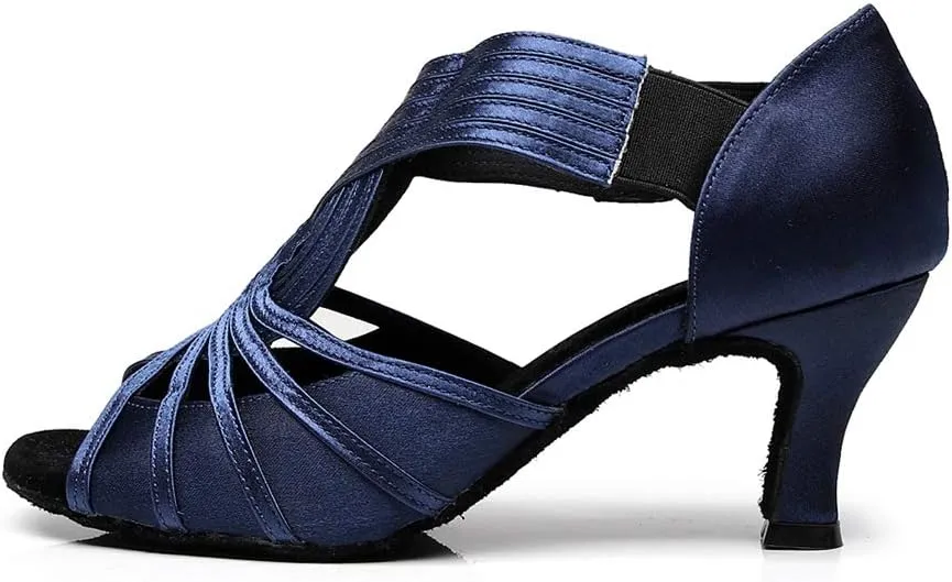 TDA Women's Mid Heel Peep Toe Slip-on Rumba Samba Salsa Ballroom Modern Latin Dance Shoes