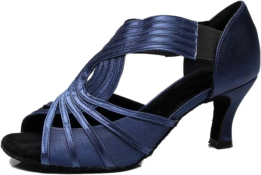 TDA Women's Mid Heel Peep Toe Slip-on Rumba Samba Salsa Ballroom Modern Latin Dance Shoes