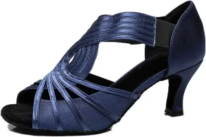 TDA Women's Mid Heel Peep Toe Slip-on Rumba Samba Salsa Ballroom Modern Latin Dance Shoes