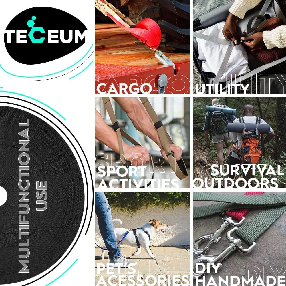 TECEUM 1" & 1.5" & 2" Webbing – 10 25 50 Yards – 40  Colors – Heavy Duty 1 Inch 1.5 Inch 2 Inch Webbing for Climbing Outdoors Indoors Crafting DIY