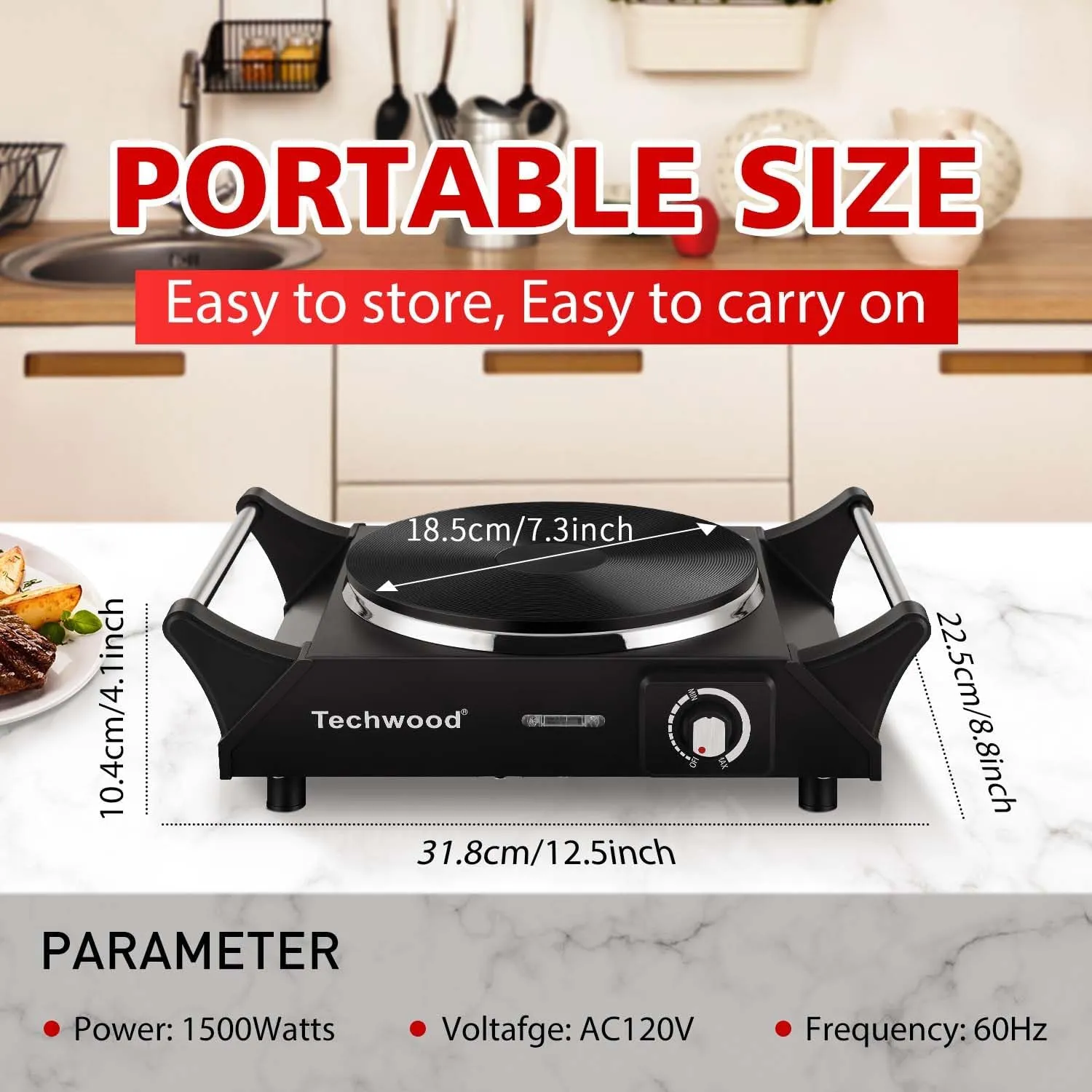 Techwood Hot Plate Portable Electric Stove 1500W Countertop Single Burner with Adjustable Temperature & Stay Cool Handles, 7.3” Cooktop for Dorm Office/Home/Camp, Compatible for All Cookwares