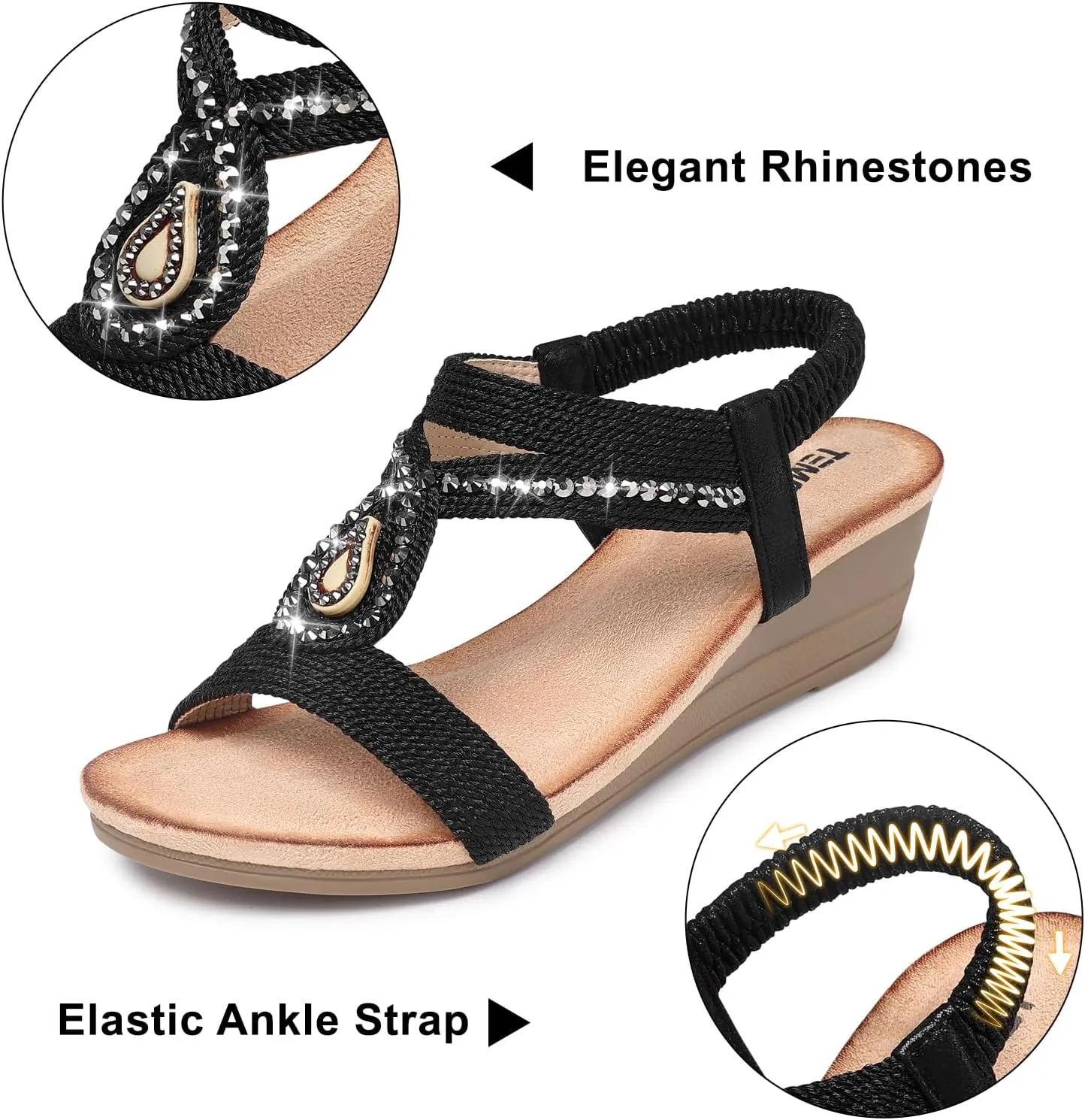 TEMOFON Wedge Sandals for Women Dressy: Low Wedge Sandals Women Comfortable Dressy Walking - Summer Casual Elastic Strappy Open Toe Rhinestone Shoes