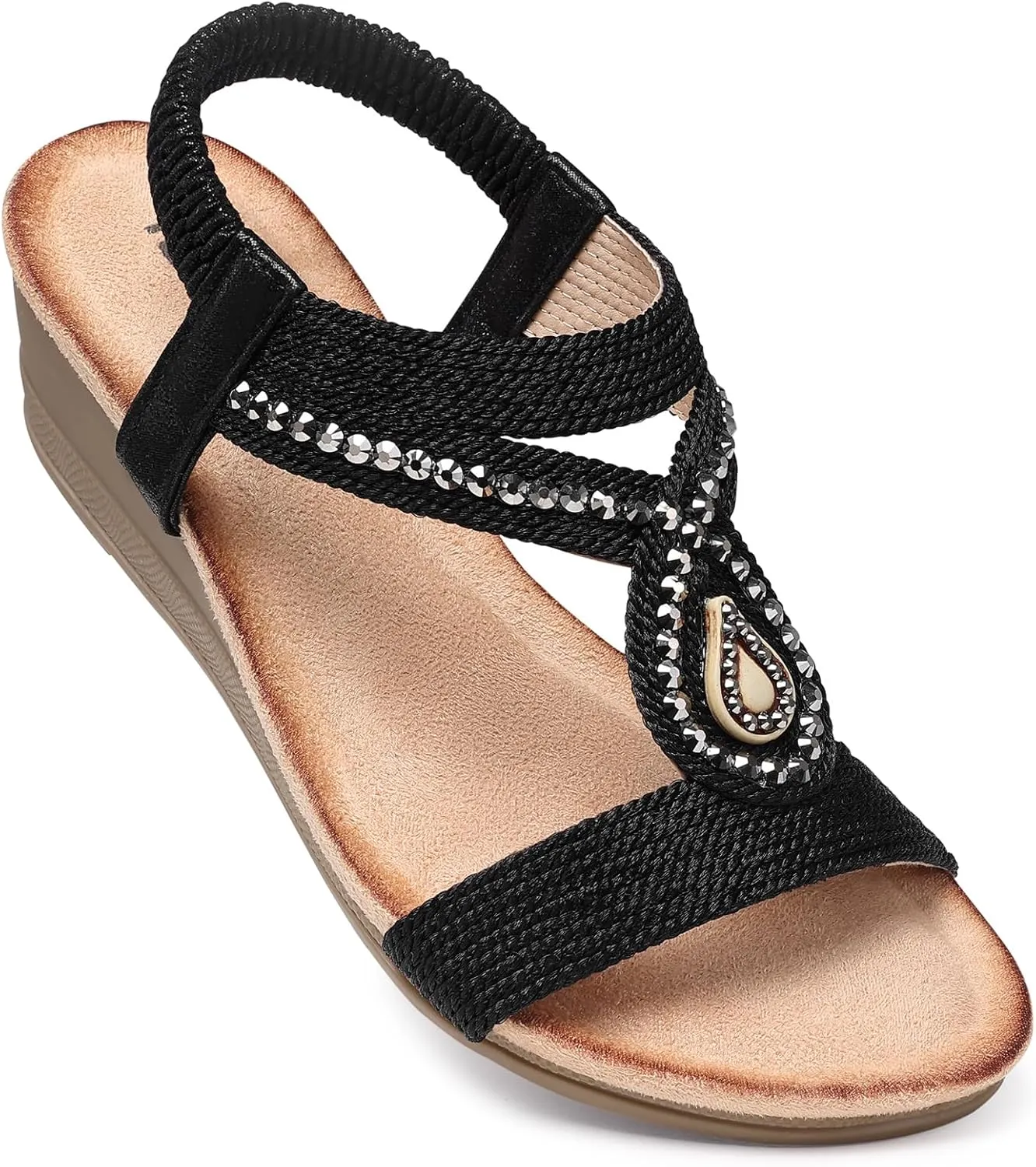 TEMOFON Wedge Sandals for Women Dressy: Low Wedge Sandals Women Comfortable Dressy Walking - Summer Casual Elastic Strappy Open Toe Rhinestone Shoes