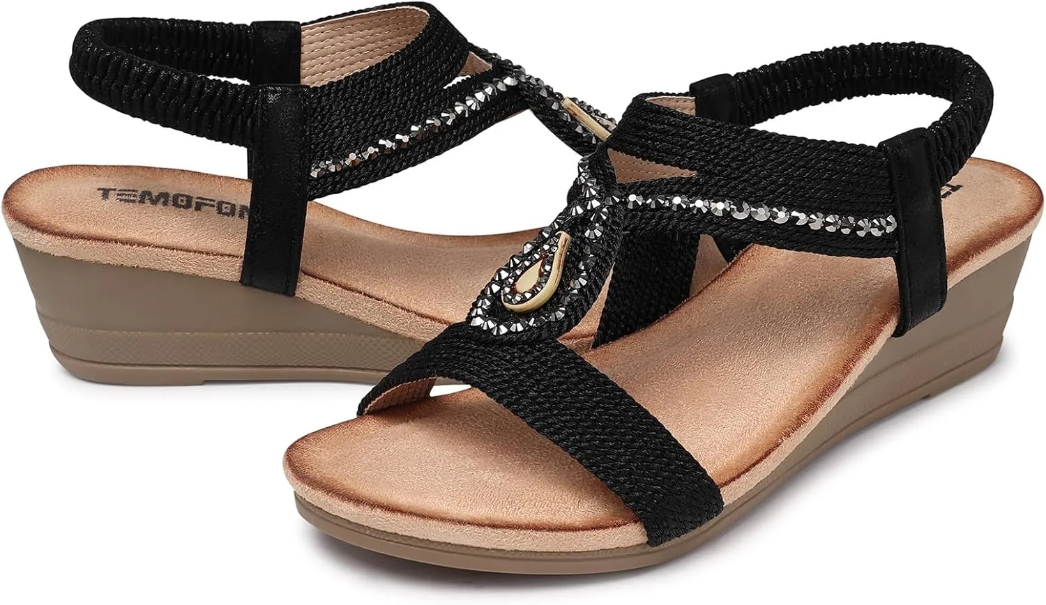 TEMOFON Wedge Sandals for Women Dressy: Low Wedge Sandals Women Comfortable Dressy Walking - Summer Casual Elastic Strappy Open Toe Rhinestone Shoes