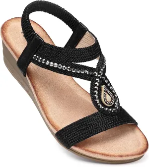 TEMOFON Wedge Sandals for Women Dressy: Low Wedge Sandals Women Comfortable Dressy Walking - Summer Casual Elastic Strappy Open Toe Rhinestone Shoes