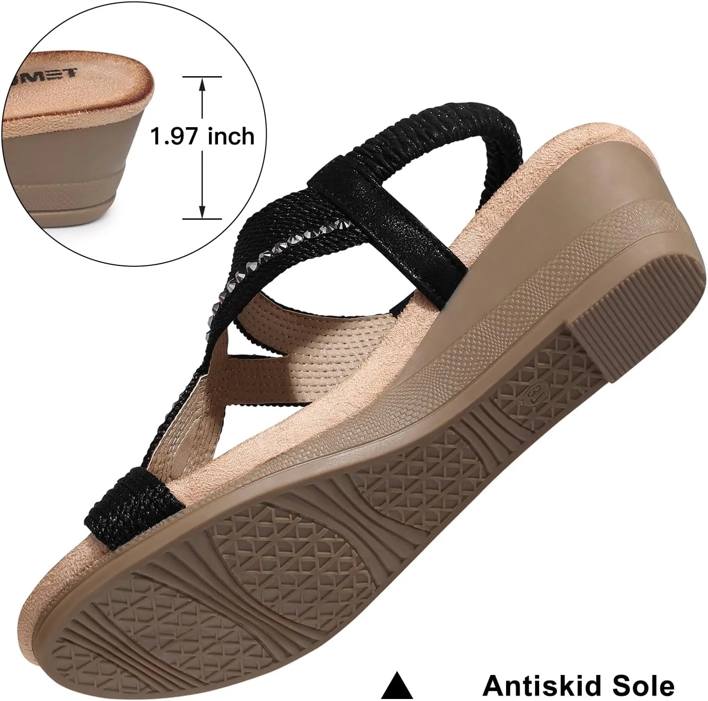 TEMOFON Wedge Sandals for Women Dressy: Low Wedge Sandals Women Comfortable Dressy Walking - Summer Casual Elastic Strappy Open Toe Rhinestone Shoes