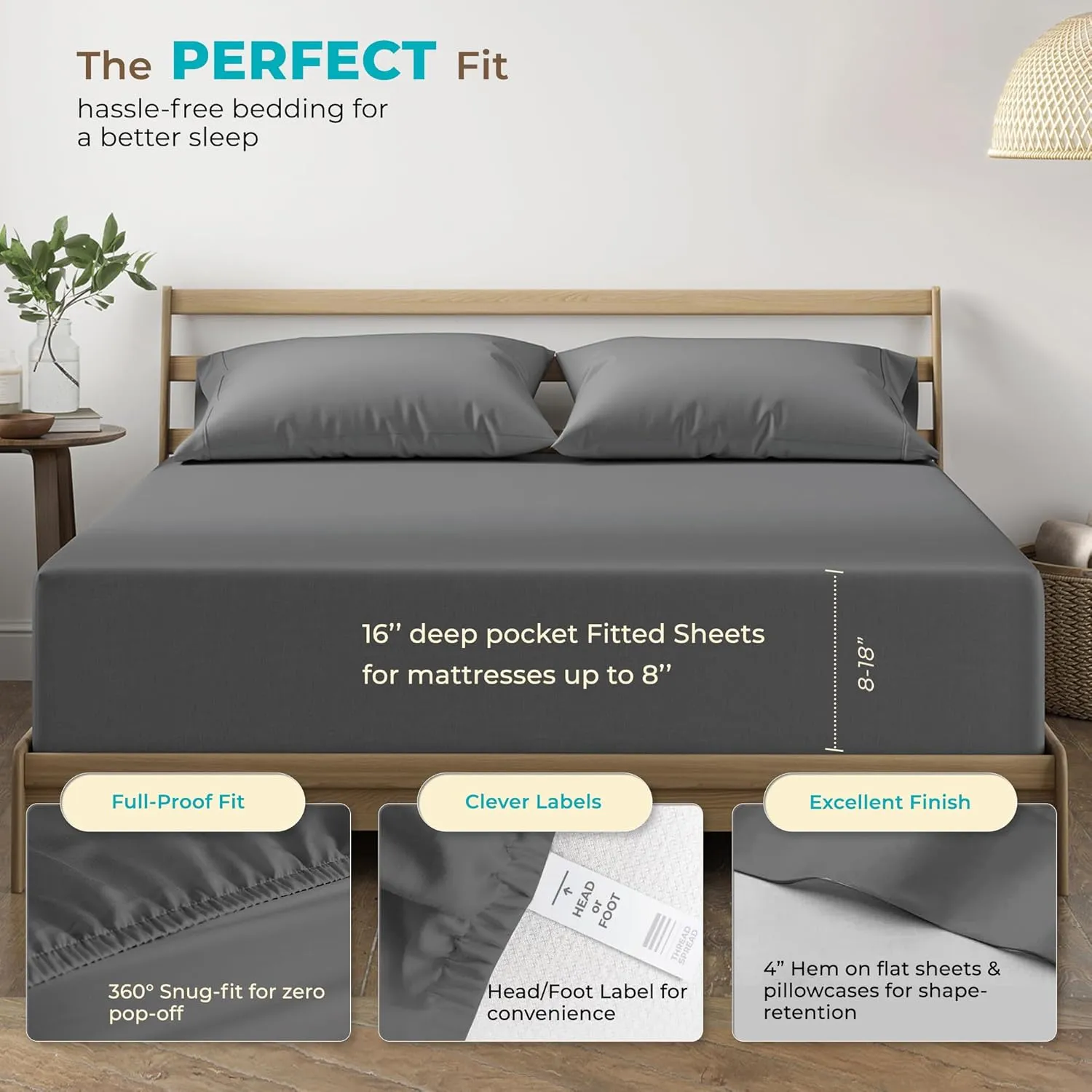 THREAD SPREAD 100% Egyptian Cotton Sheets Queen Size - 800 High Thread Count Sheets Queen, 4 PC Luxury Hotel Sheets Set for Queen Size Bed, 16" Deep Pocket Sateen Soft Cooling Bedding Sets, Dark Grey