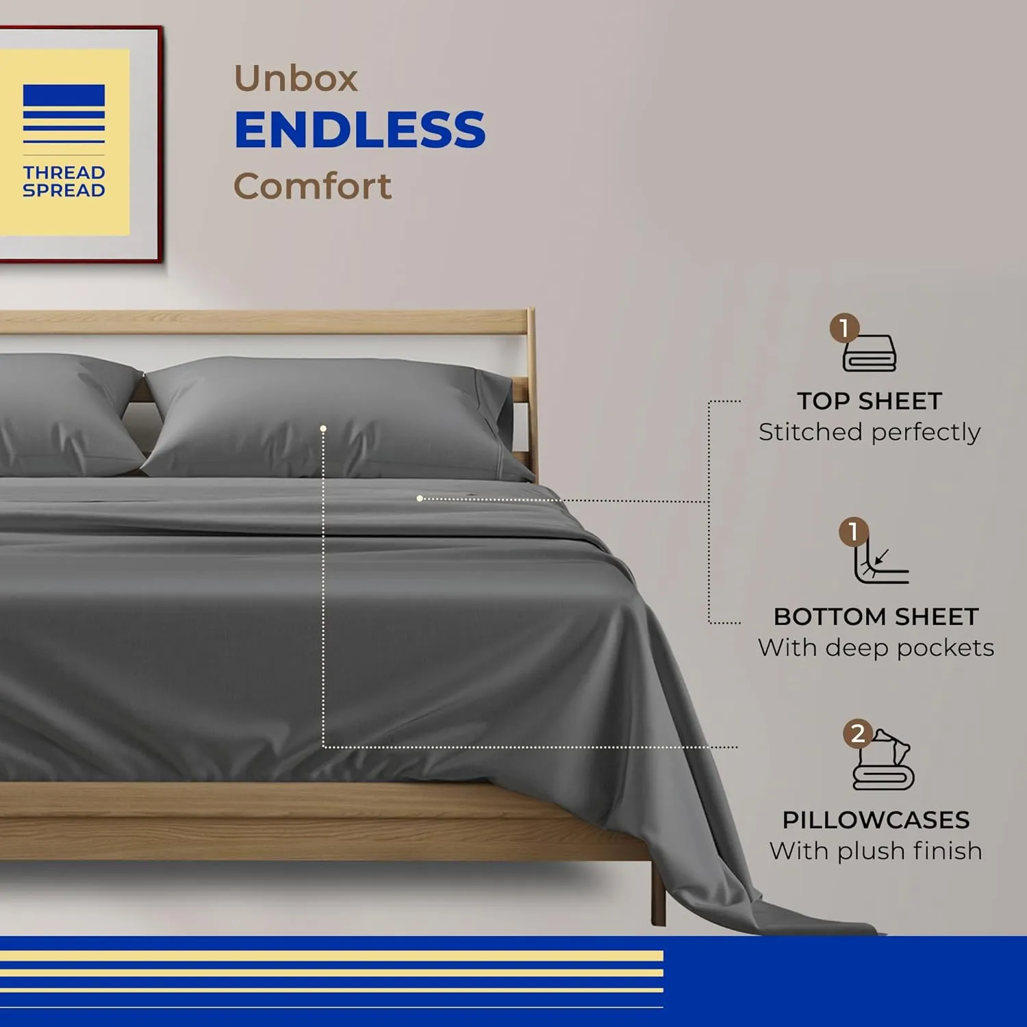 THREAD SPREAD 100% Egyptian Cotton Sheets Queen Size - 800 High Thread Count Sheets Queen, 4 PC Luxury Hotel Sheets Set for Queen Size Bed, 16" Deep Pocket Sateen Soft Cooling Bedding Sets, Dark Grey