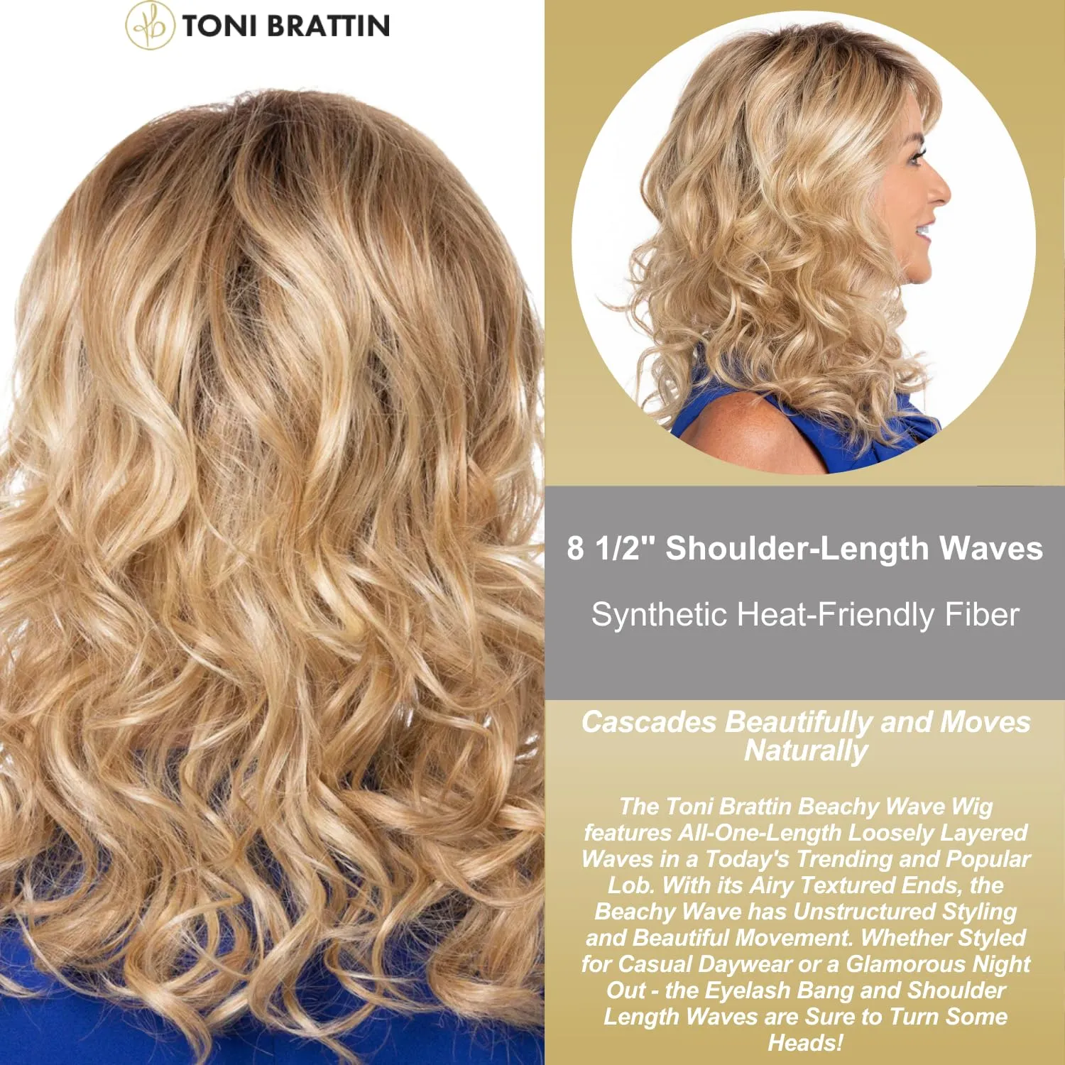 Toni Brattin Beachy Wave Wig - Shoulder Length Layered Waves & Airy Textured Ends - Heat-Friendly Synthetic Fiber Looks & Feels like Natural Hair - Adjustable & Comfortable (Brown Blonde, Regular)