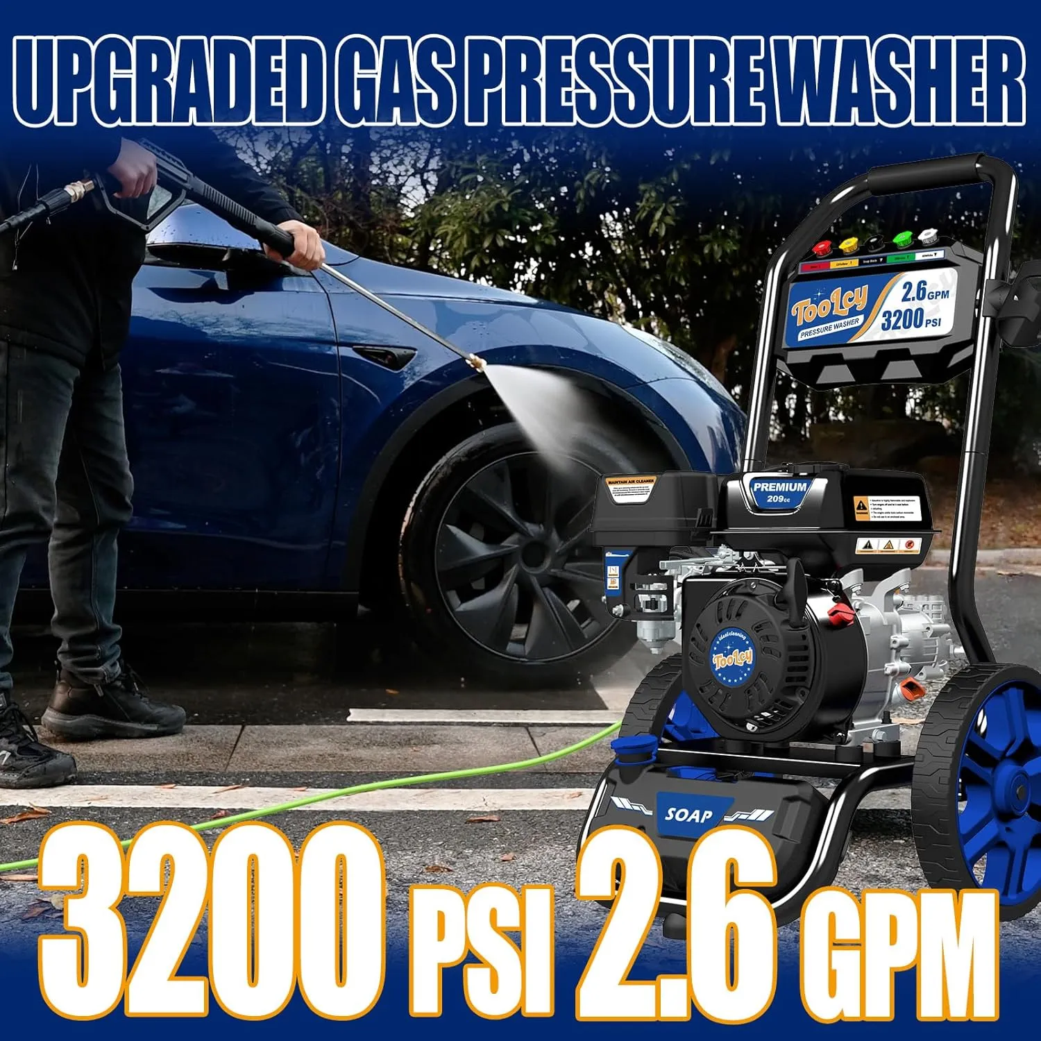 TOOLCY Gas Powered Pressure Washer, 3200 PSI and 2.6 Max GPM, Reinforced Pump, 35FT Extended Power Hose, Kink-Less Swivel Gun with & 5 Nozzles, for Cars/Fences/Driveways/Homes/Patios