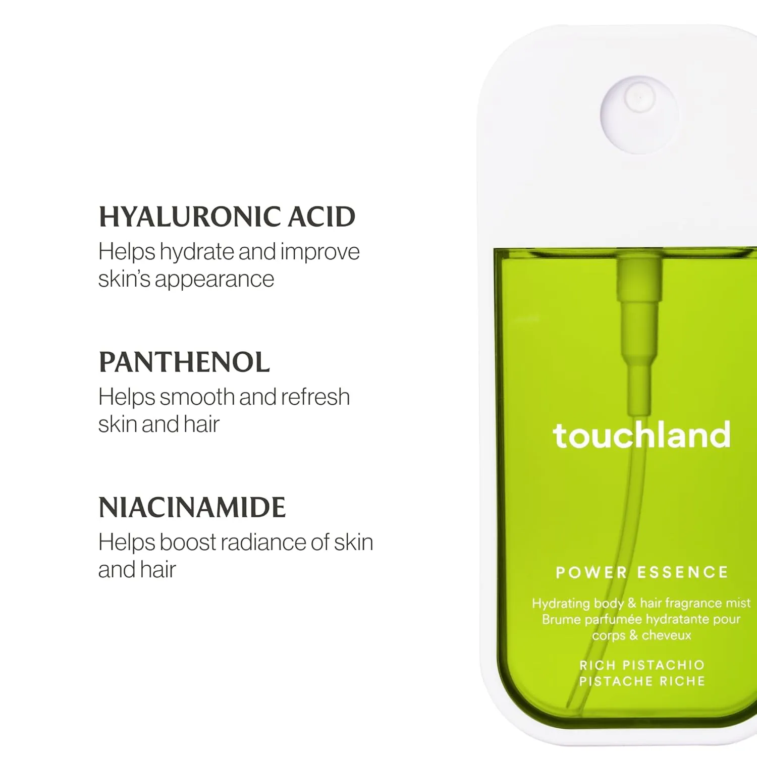 Touchland Power Essence Hydrating Body & Hair Fragrance, Rich Pistachio, 2 FL. OZ. Travel Size Body Mist