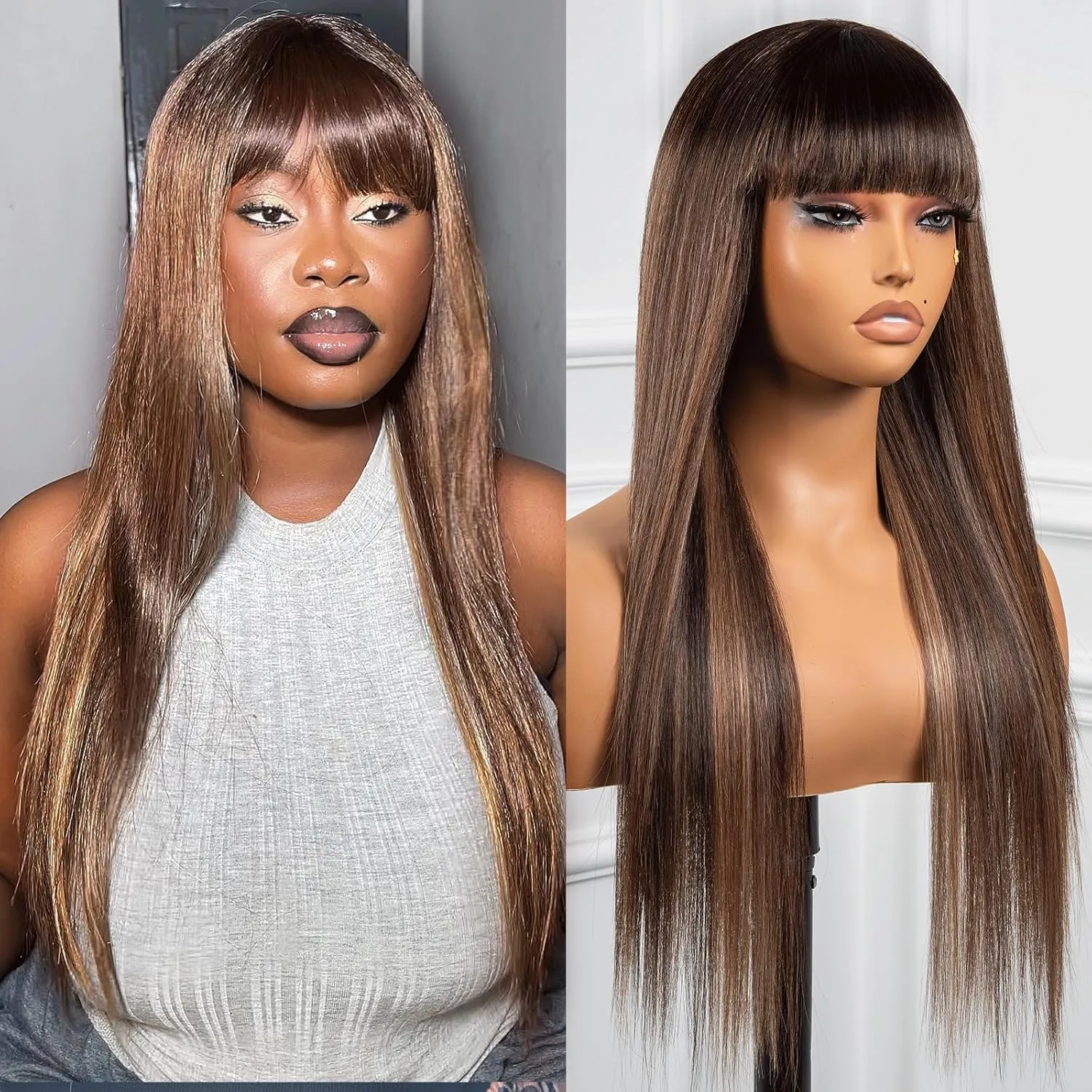 ToyoTress Highlight Ombre Synthetic Lace Front Wig With Bangs - 26 Inch Tangle-free Synthetic Lace Wigs Pre-Plucked Long Straight Glueless HD Lace Wigs For Women (26 Inch, OP4/27/613-Bangs)