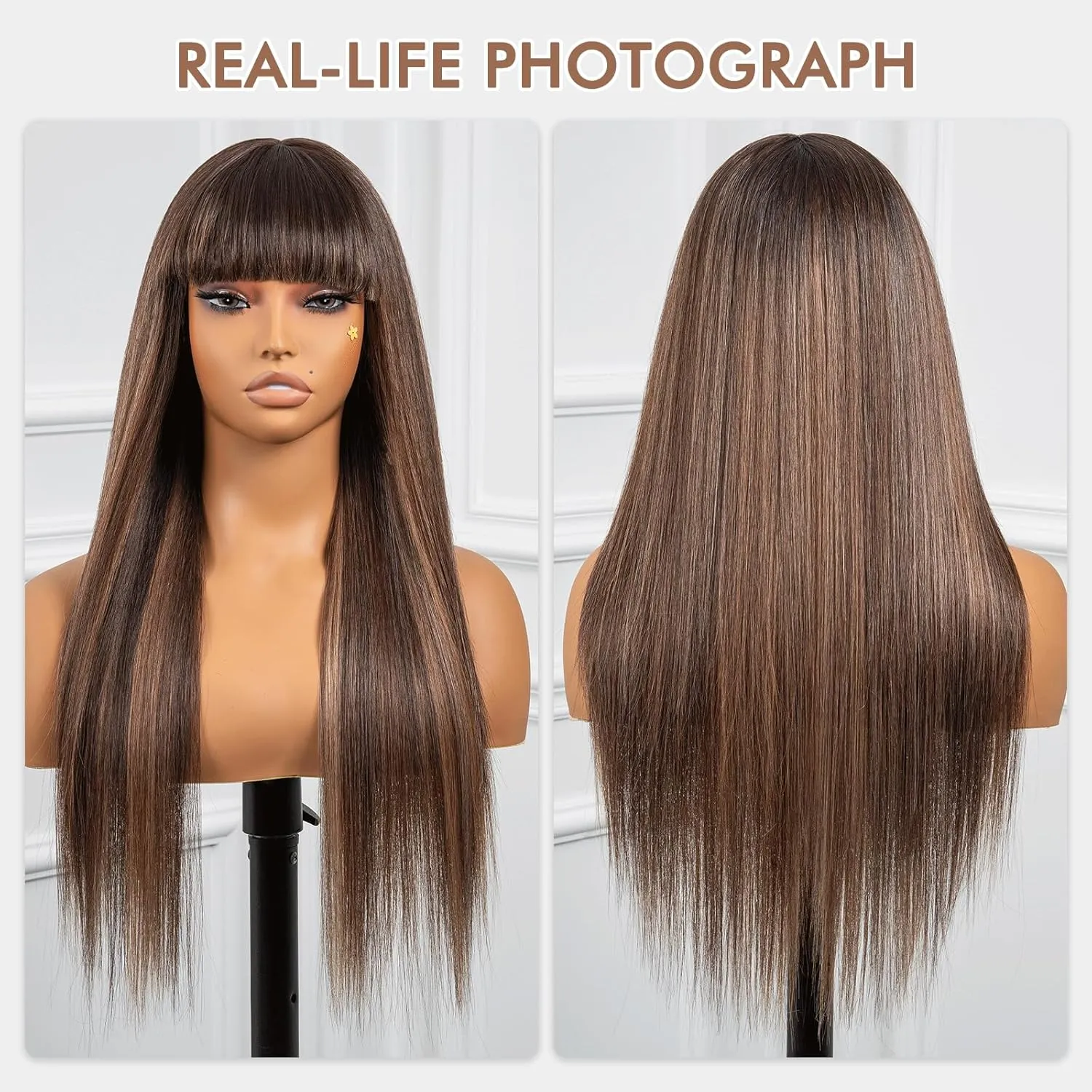 ToyoTress Highlight Ombre Synthetic Lace Front Wig With Bangs - 26 Inch Tangle-free Synthetic Lace Wigs Pre-Plucked Long Straight Glueless HD Lace Wigs For Women (26 Inch, OP4/27/613-Bangs)