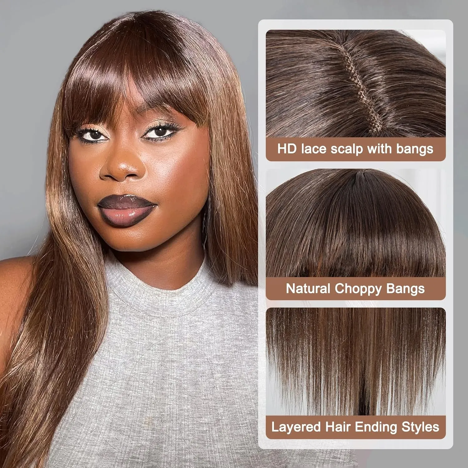 ToyoTress Highlight Ombre Synthetic Lace Front Wig With Bangs - 26 Inch Tangle-free Synthetic Lace Wigs Pre-Plucked Long Straight Glueless HD Lace Wigs For Women (26 Inch, OP4/27/613-Bangs)
