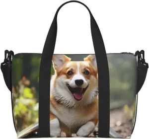 Travel Duffel Bags Personal Item Bag Carry On Luggage Bag Training Handbag Lightweight Waterproof Sports Gym Bag Corgi Dog Running On The Railroad Weekender Bag for Women Men, Black, One Size, Travel