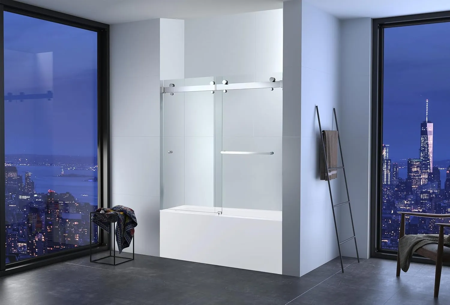 Twinglide VITRA-200 Frameless Bathtub Shower Door 56.5-60" Wide x 66" High 3/8" (10mm) Clear Tempered Glass (Chrome)