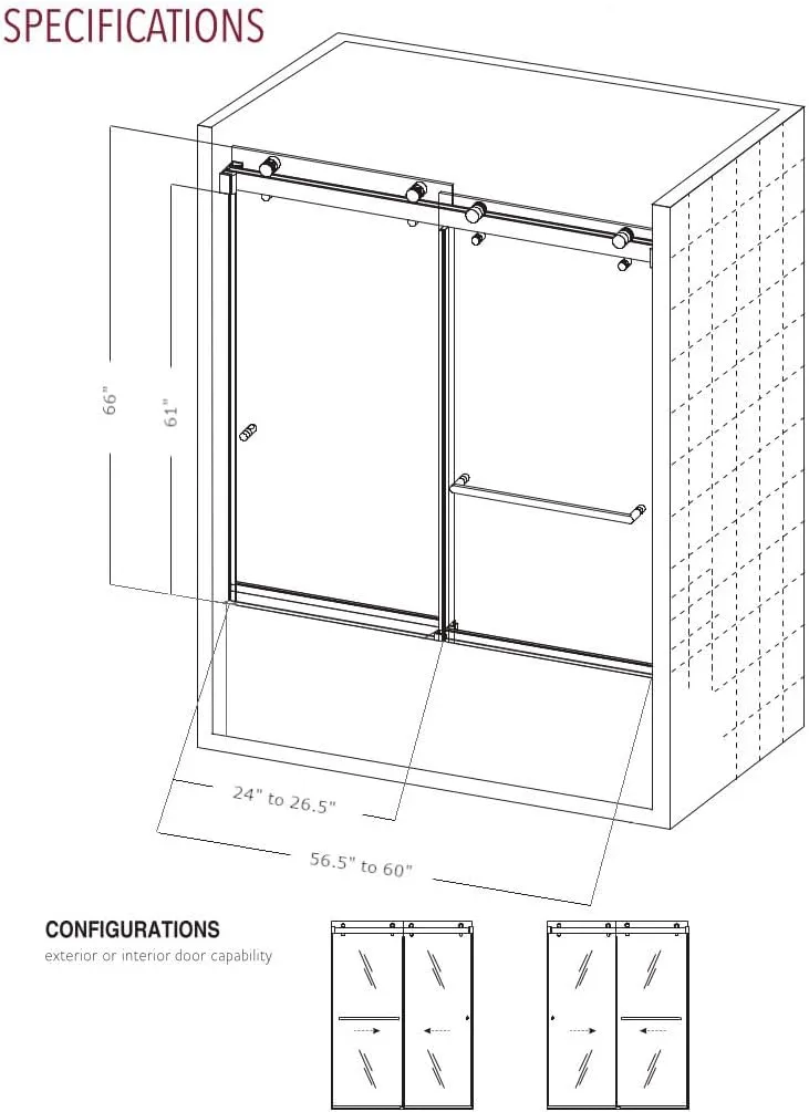 Twinglide VITRA-200 Frameless Bathtub Shower Door 56.5-60" Wide x 66" High 3/8" (10mm) Clear Tempered Glass (Chrome)