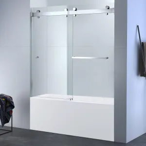 Twinglide VITRA-200 Frameless Bathtub Shower Door 56.5-60" Wide x 66" High 3/8" (10mm) Clear Tempered Glass (Chrome)
