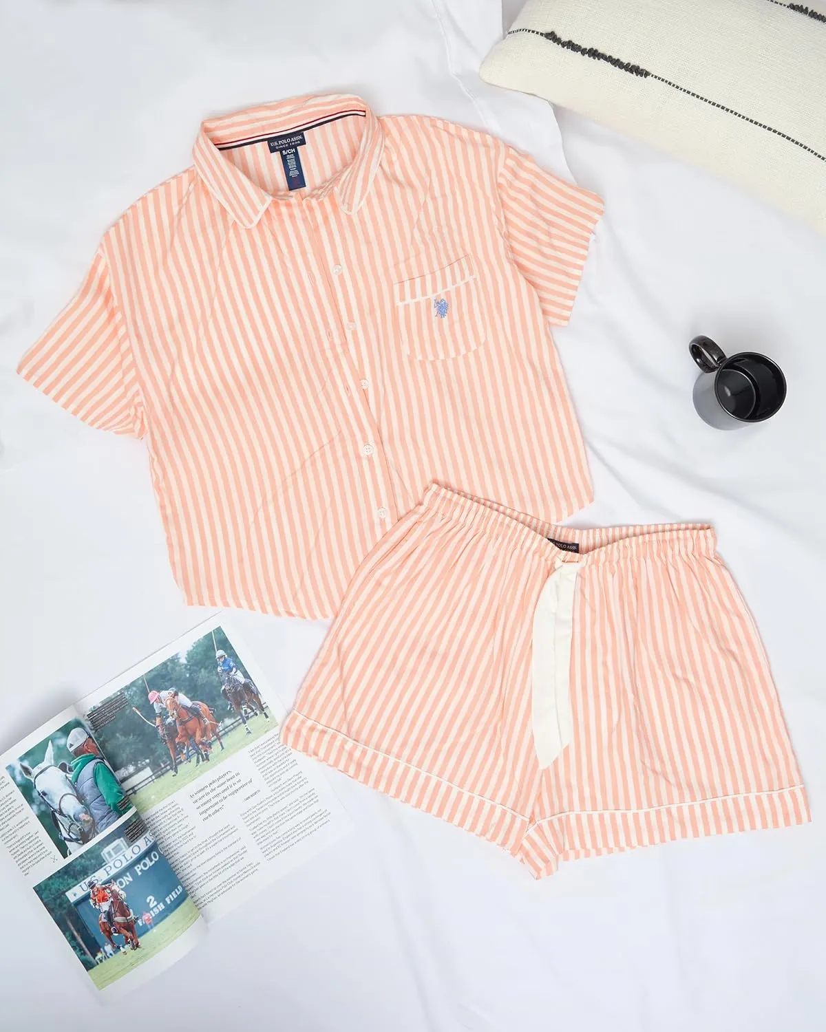 U.S. Polo Assn. Summer Pajamas for Women - Woven PJ Set with Button Up Top and Shorts - Lounge Sets for Women