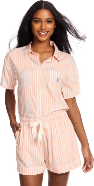 U.S. Polo Assn. Summer Pajamas for Women - Woven PJ Set with Button Up Top and Shorts - Lounge Sets for Women