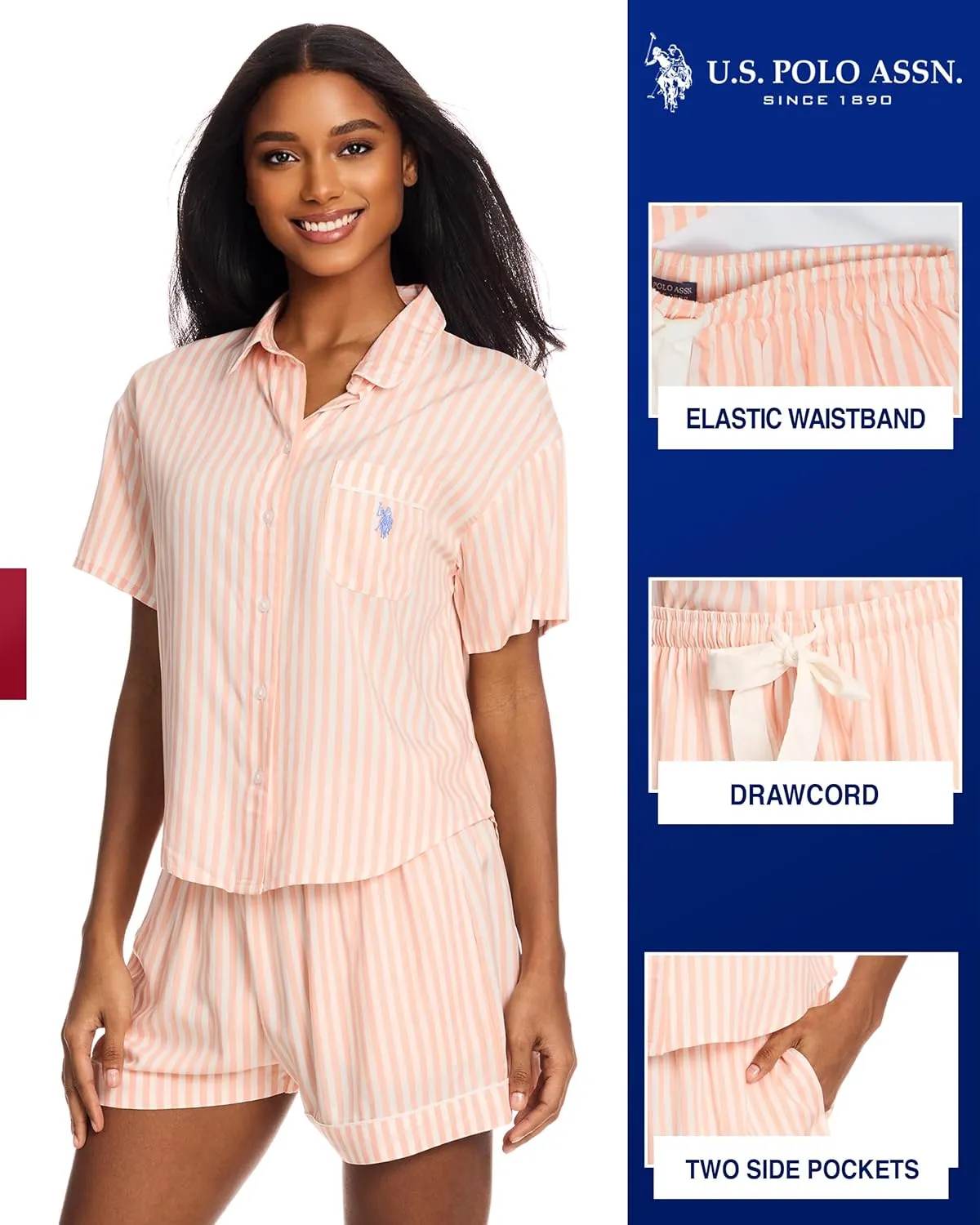 U.S. Polo Assn. Summer Pajamas for Women - Woven PJ Set with Button Up Top and Shorts - Lounge Sets for Women