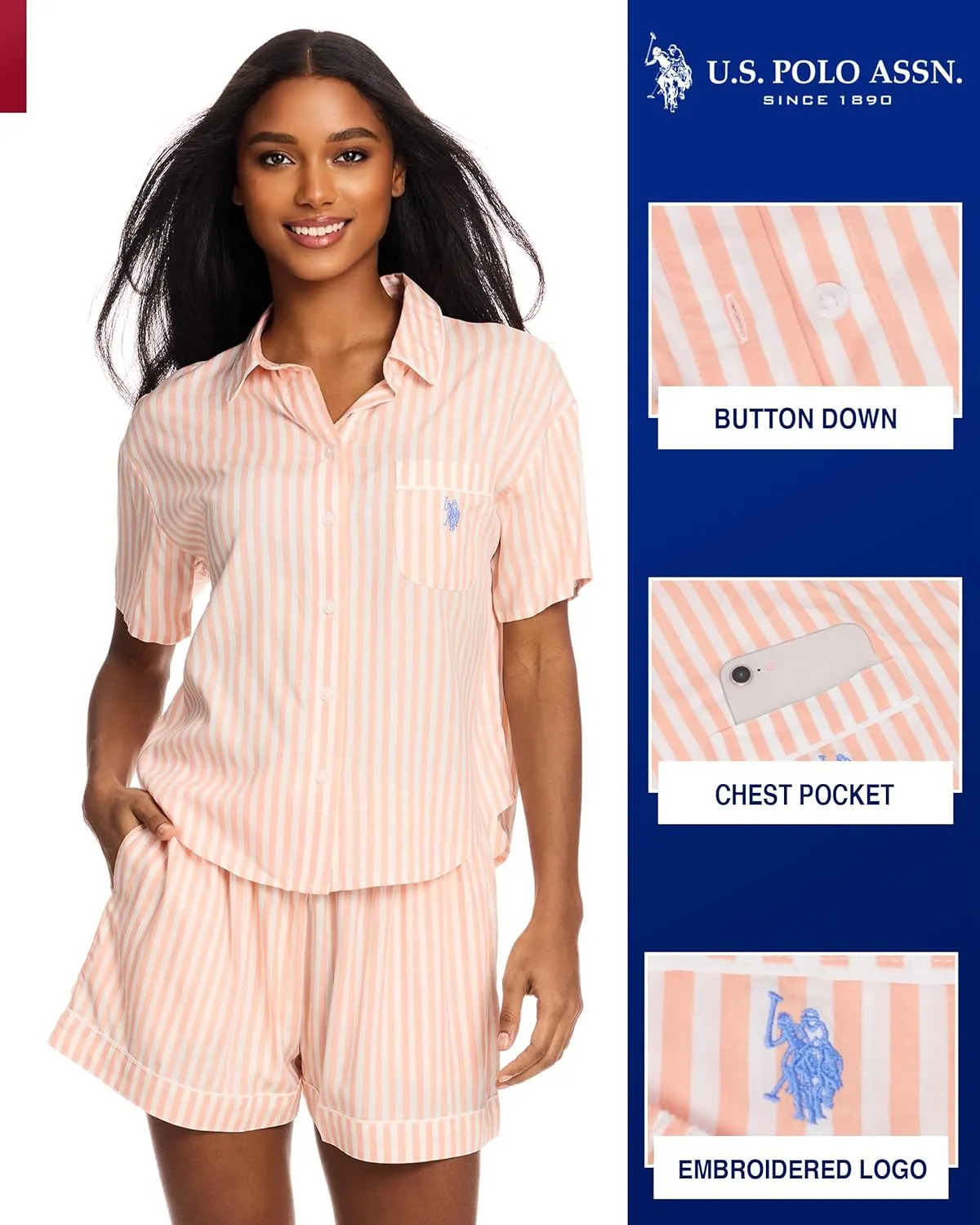 U.S. Polo Assn. Summer Pajamas for Women - Woven PJ Set with Button Up Top and Shorts - Lounge Sets for Women