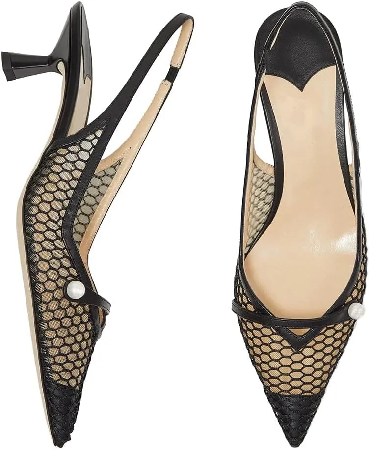 Vaslemuse Women Slingback Kitten Heel Pumps Mesh Pointy Toe Dress Bridal Sandals Slip on Wedding Shoes