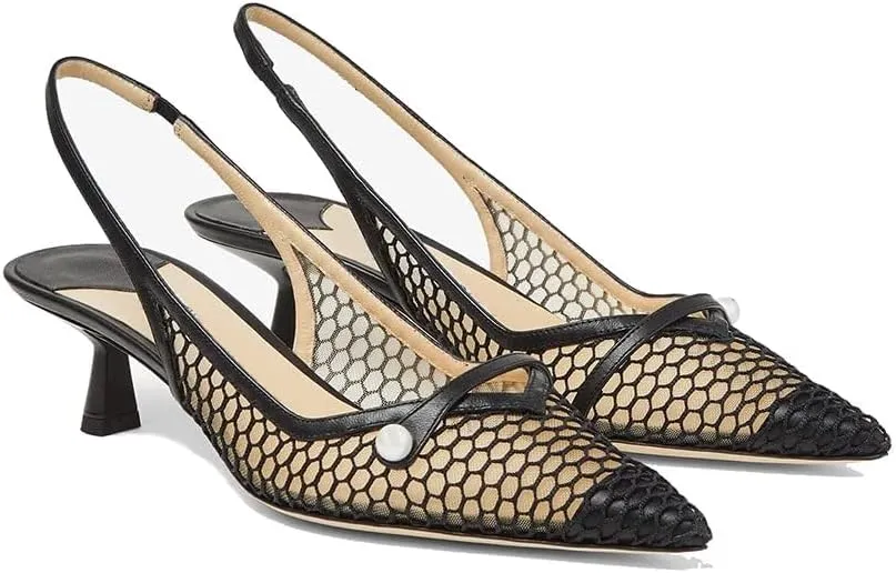 Vaslemuse Women Slingback Kitten Heel Pumps Mesh Pointy Toe Dress Bridal Sandals Slip on Wedding Shoes