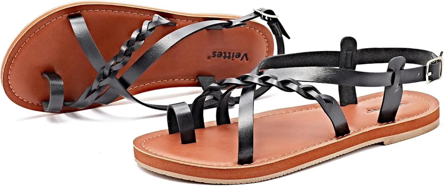 Veittes Women's Flat Sandals - Casual Cute Criss Cross Strappy Flat Summer Shoes.