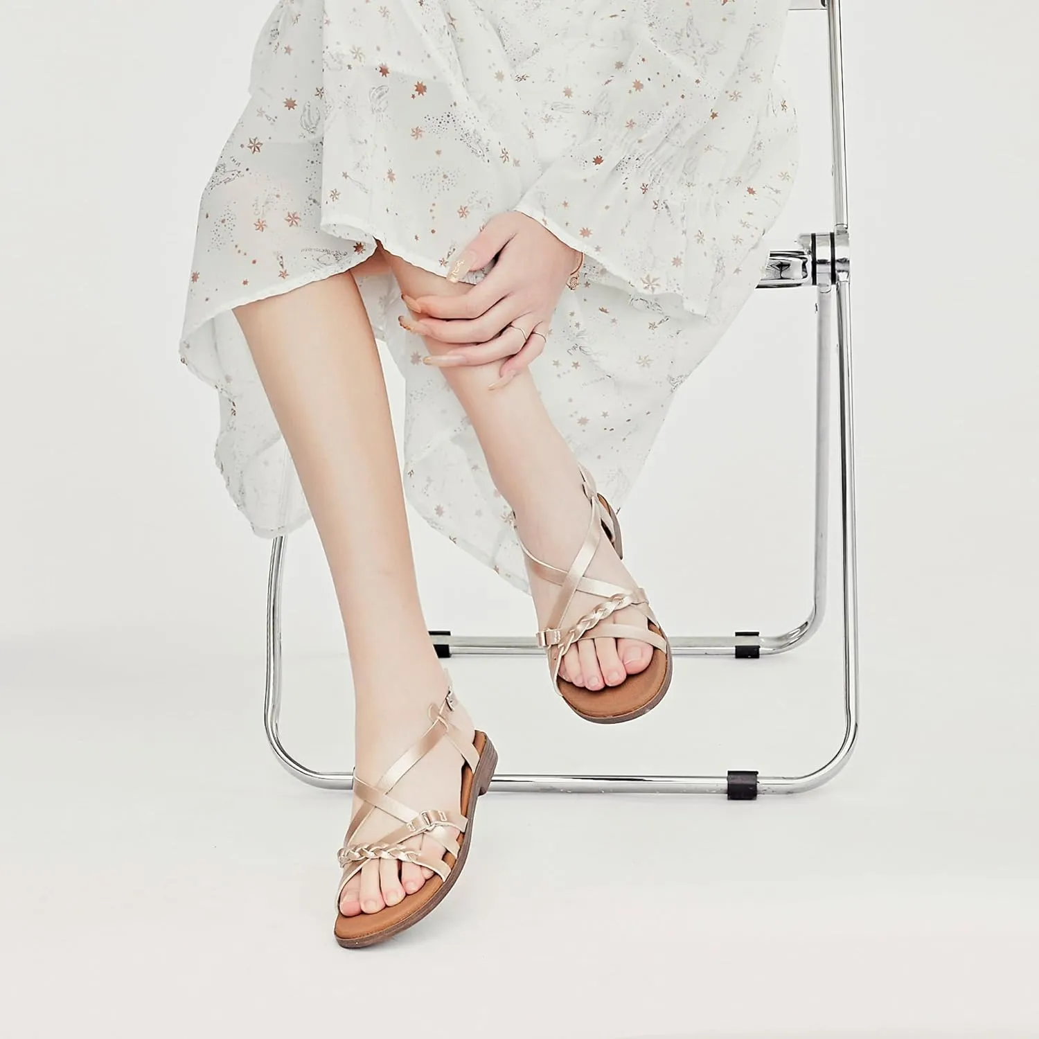 Veittes Women's Flat Slide Sandals-Adjustable Double Elastic Bands,Crossover Straps,Fashion Casual Summer Flat Sandals.