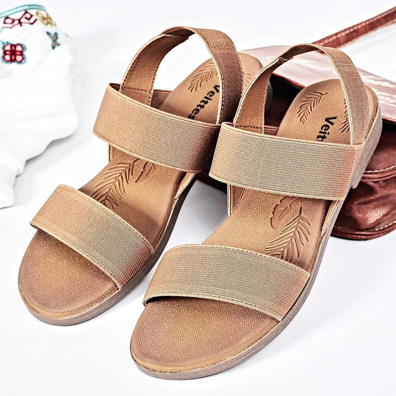 Veittes Women's Flat Slide Sandals-Adjustable Double Elastic Bands,Crossover Straps,Fashion Casual Summer Flat Sandals.