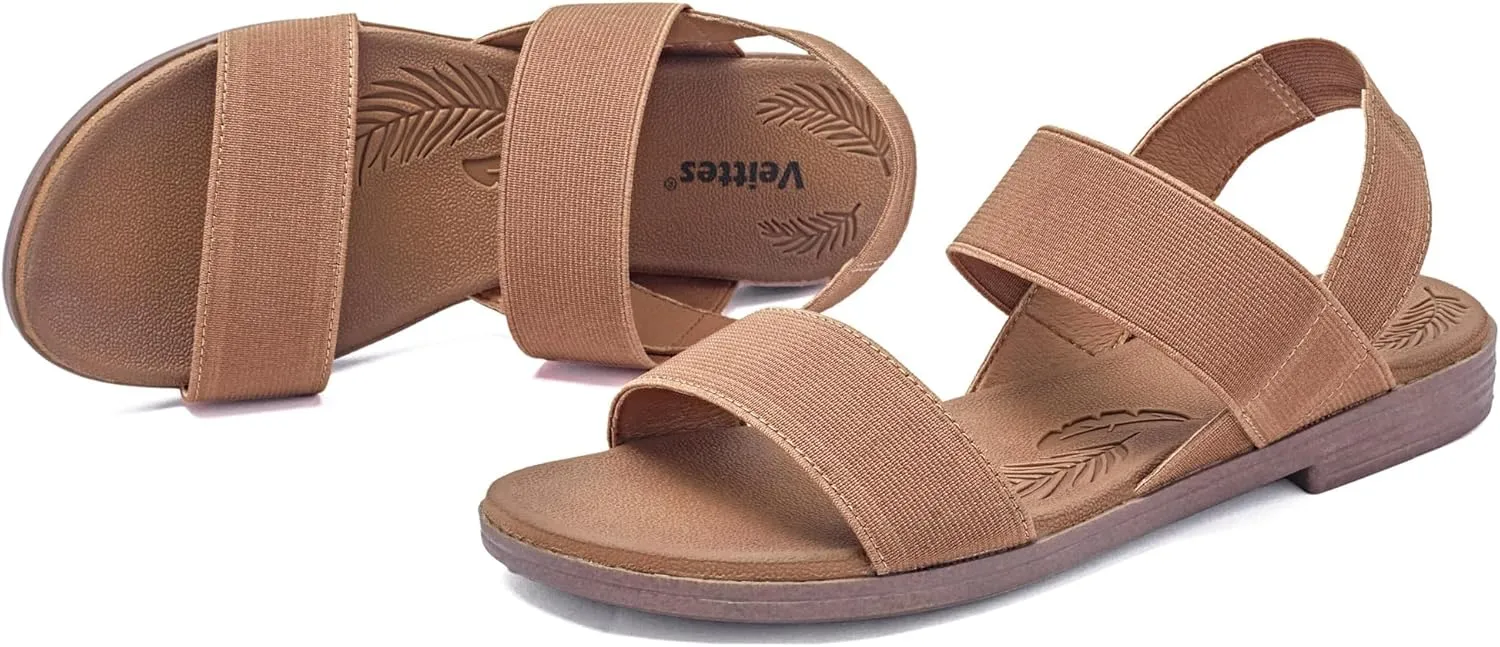 Veittes Women's Flat Slide Sandals-Adjustable Double Elastic Bands,Crossover Straps,Fashion Casual Summer Flat Sandals.