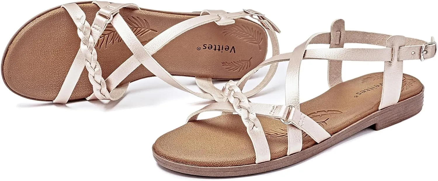 Veittes Women's Flat Slide Sandals-Adjustable Double Elastic Bands,Crossover Straps,Fashion Casual Summer Flat Sandals.