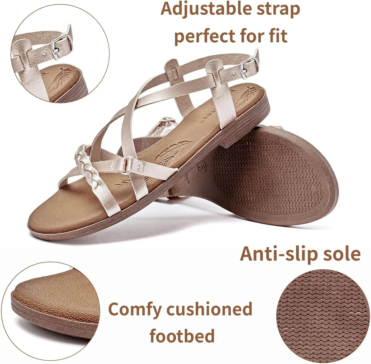 Veittes Women's Flat Slide Sandals-Adjustable Double Elastic Bands,Crossover Straps,Fashion Casual Summer Flat Sandals.
