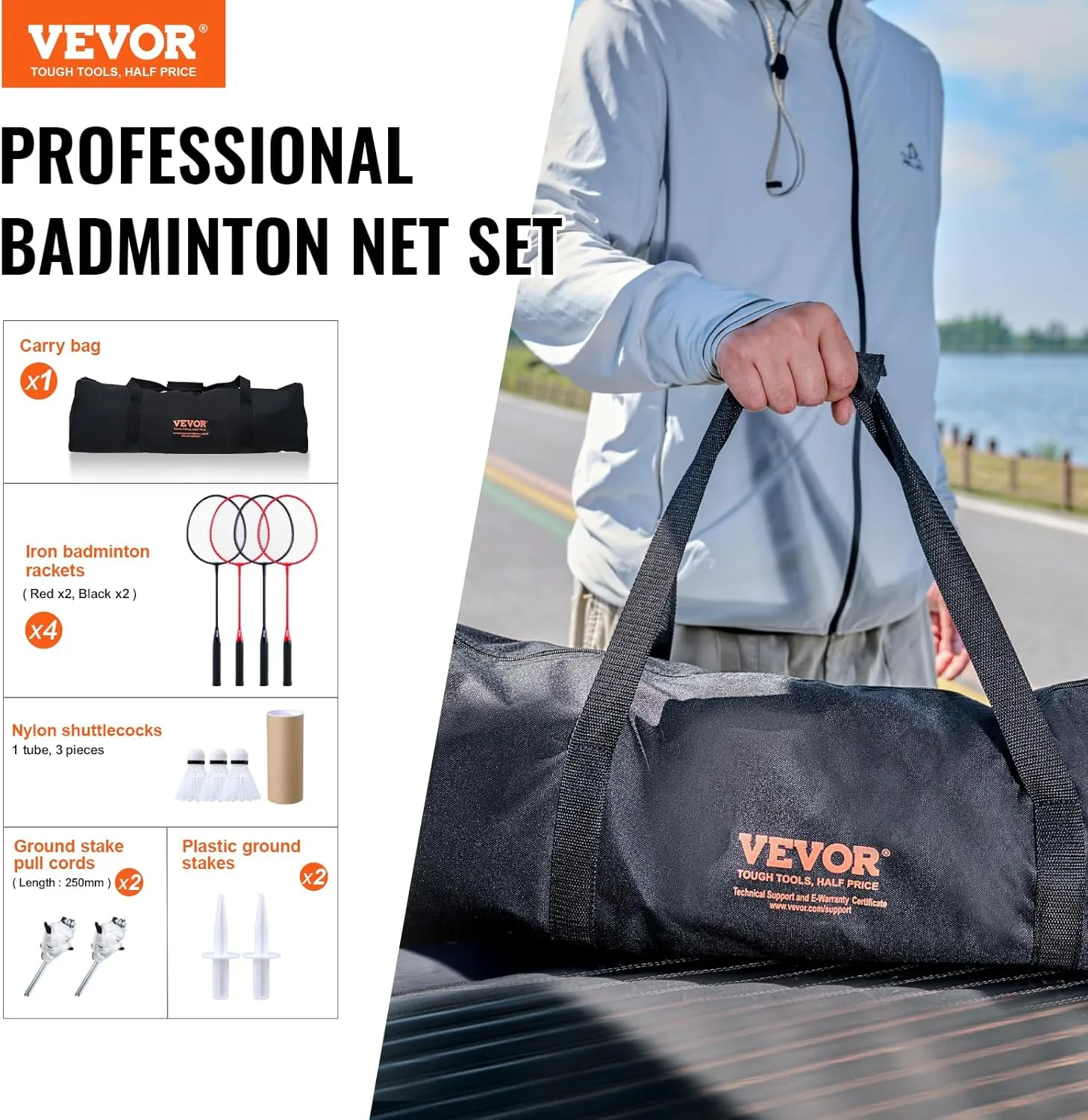 VEVOR Badminton Net, Height Adjustable Volleyball Net, Wide Foldable Pickleball Net, Portable Easy Setup Tennis Net Set with Poles, Stand and Carry Bag, for Kids Backyard Game Indoor Outdoor Use