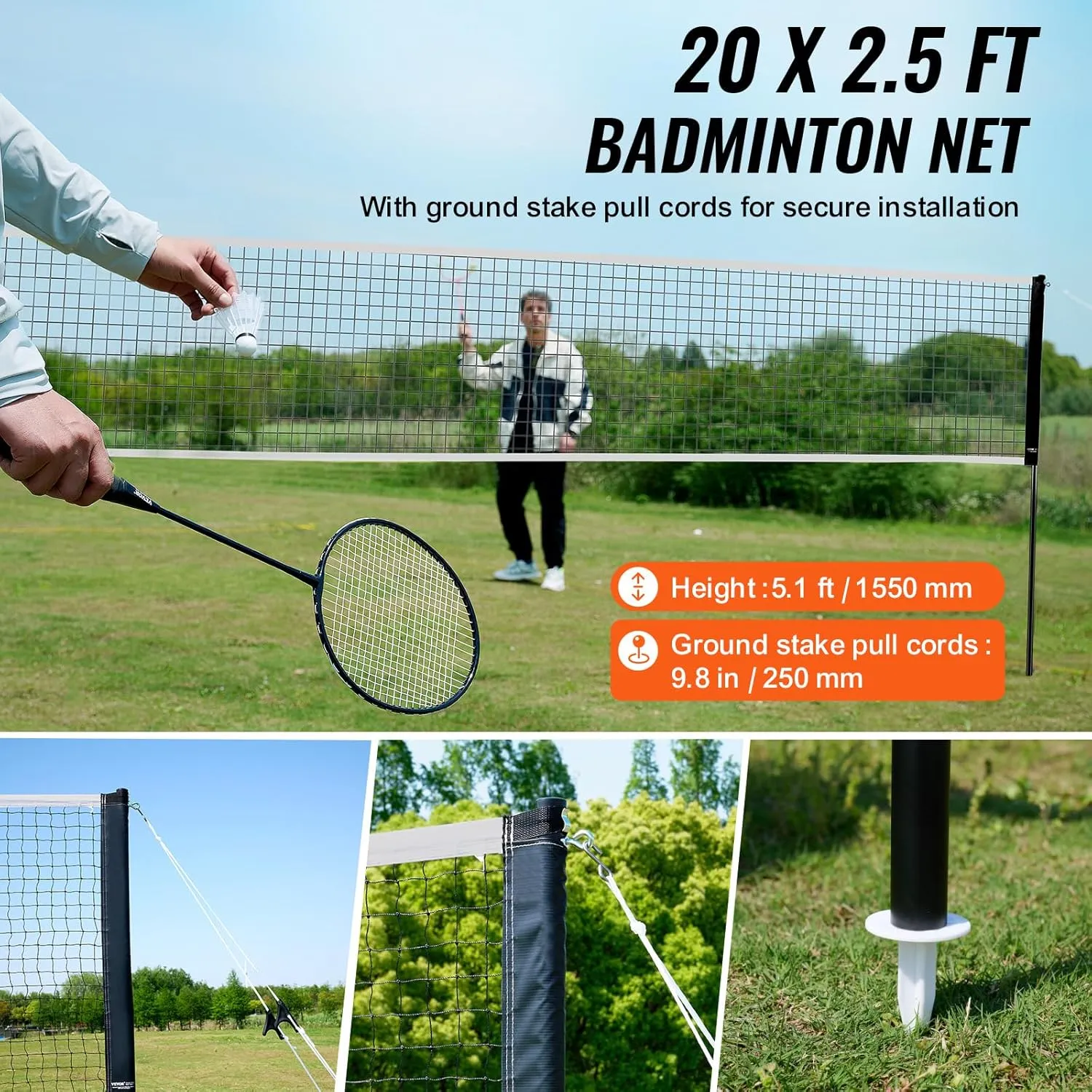 VEVOR Badminton Net, Height Adjustable Volleyball Net, Wide Foldable Pickleball Net, Portable Easy Setup Tennis Net Set with Poles, Stand and Carry Bag, for Kids Backyard Game Indoor Outdoor Use