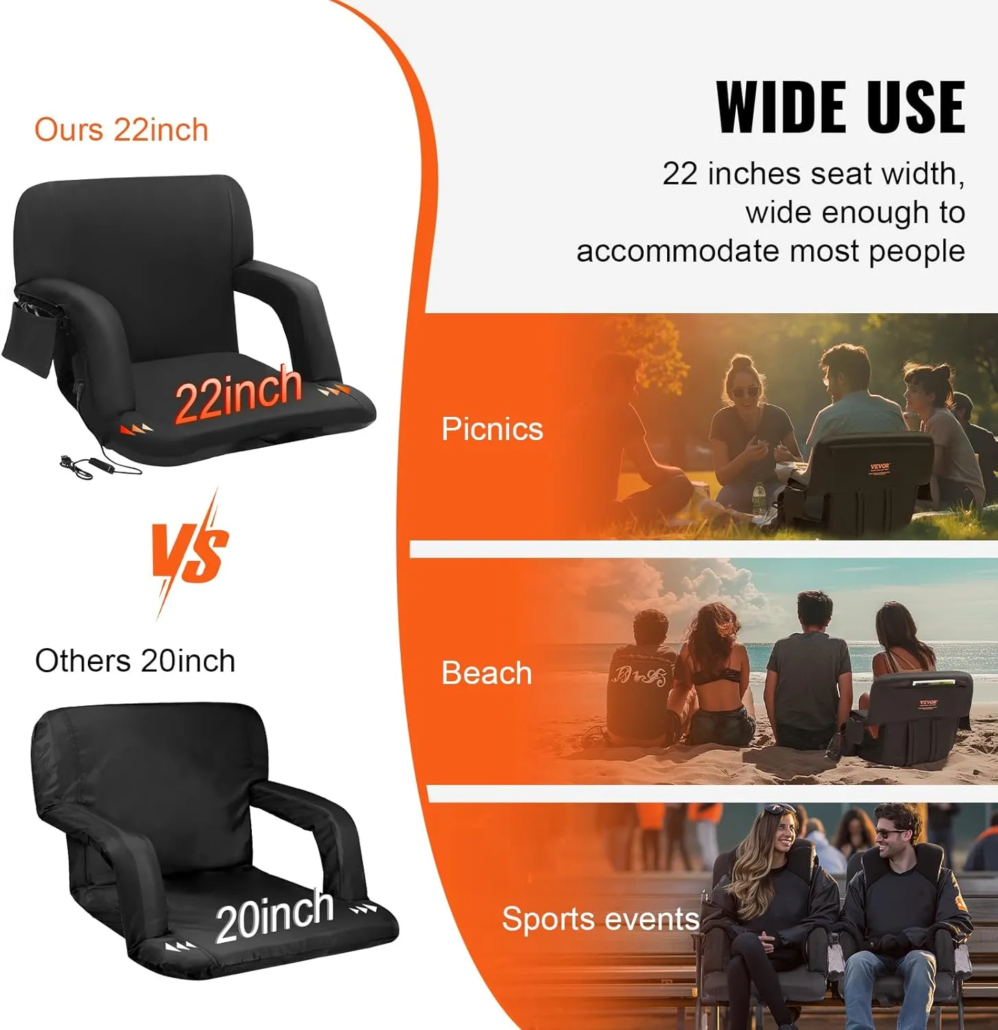 VEVOR Stadium Seat with Back Support, Wide Bleacher Seat Back, Folding Portable Padded Reclining Chair with Hook Pocket Cupholder, Ideal for Sport Event Beach Camping Concert