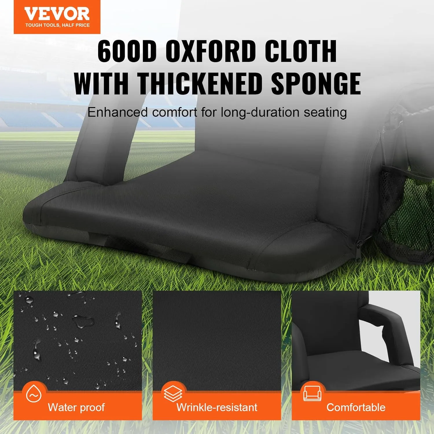 VEVOR Stadium Seat with Back Support, Wide Bleacher Seat Back, Folding Portable Padded Reclining Chair with Hook Pocket Cupholder, Ideal for Sport Event Beach Camping Concert