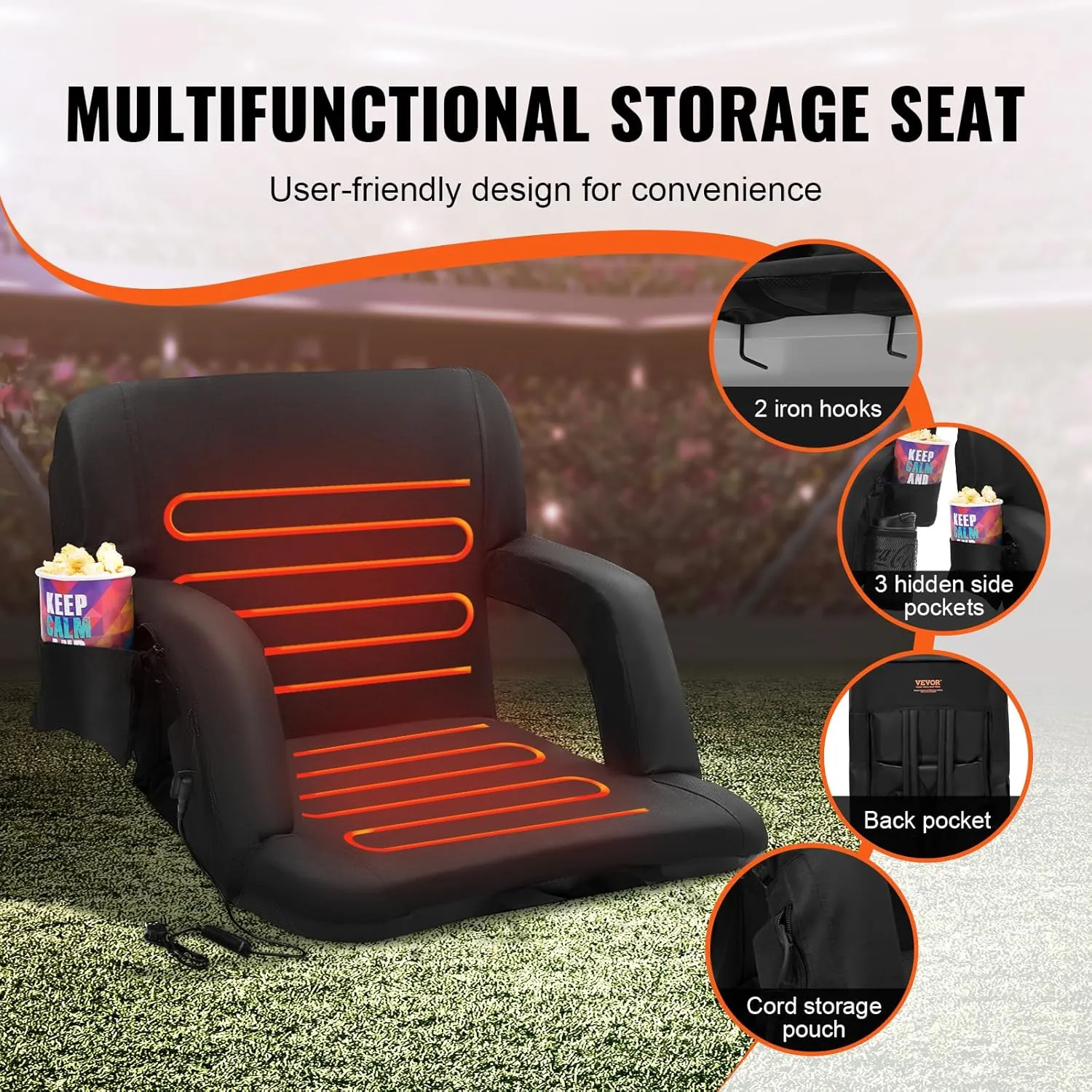 VEVOR Stadium Seat with Back Support, Wide Bleacher Seat Back, Folding Portable Padded Reclining Chair with Hook Pocket Cupholder, Ideal for Sport Event Beach Camping Concert