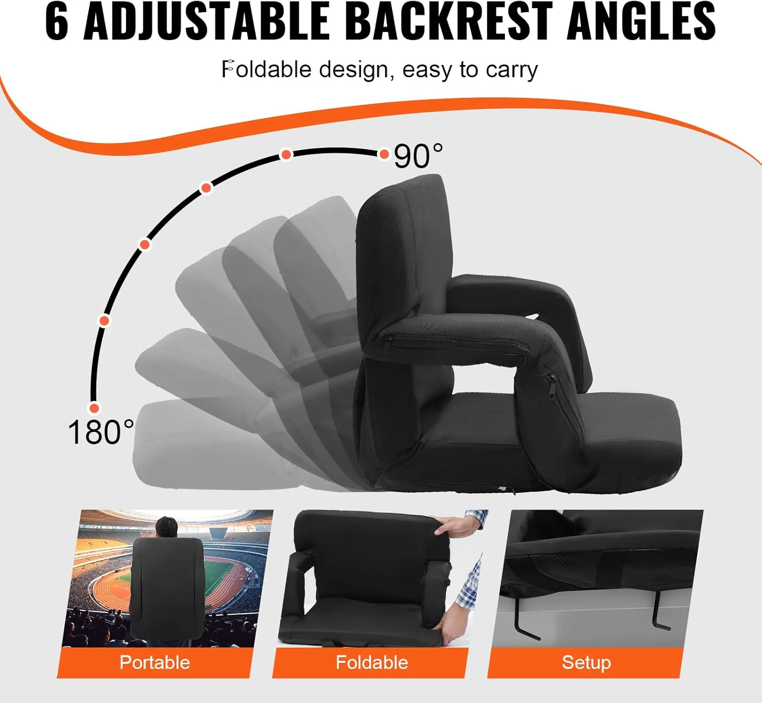 VEVOR Stadium Seat with Back Support, Wide Bleacher Seat Back, Folding Portable Padded Reclining Chair with Hook Pocket Cupholder, Ideal for Sport Event Beach Camping Concert