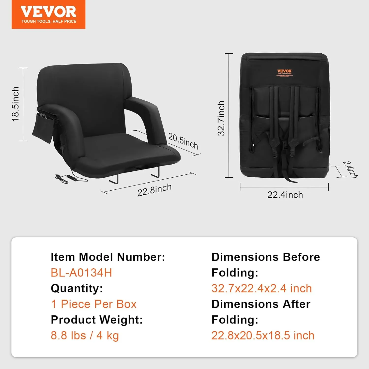 VEVOR Stadium Seat with Back Support, Wide Bleacher Seat Back, Folding Portable Padded Reclining Chair with Hook Pocket Cupholder, Ideal for Sport Event Beach Camping Concert