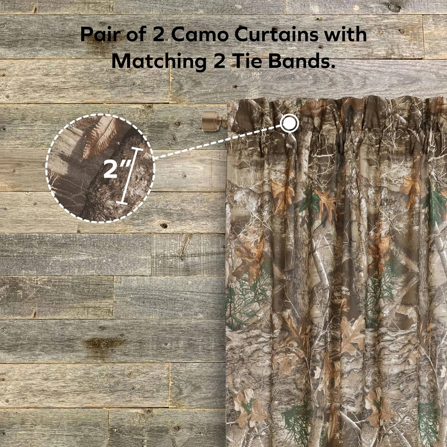 VISI-ONE Realtree Edge Camouflage Rod Pocket Window Curtains, Set of 2 Panels (42"x87" Inch) - Camo Drapes in Forest and Rustic Theme, Perfect for Bedroom, Farmhouse, Living Room, Cabin, and Kitchen