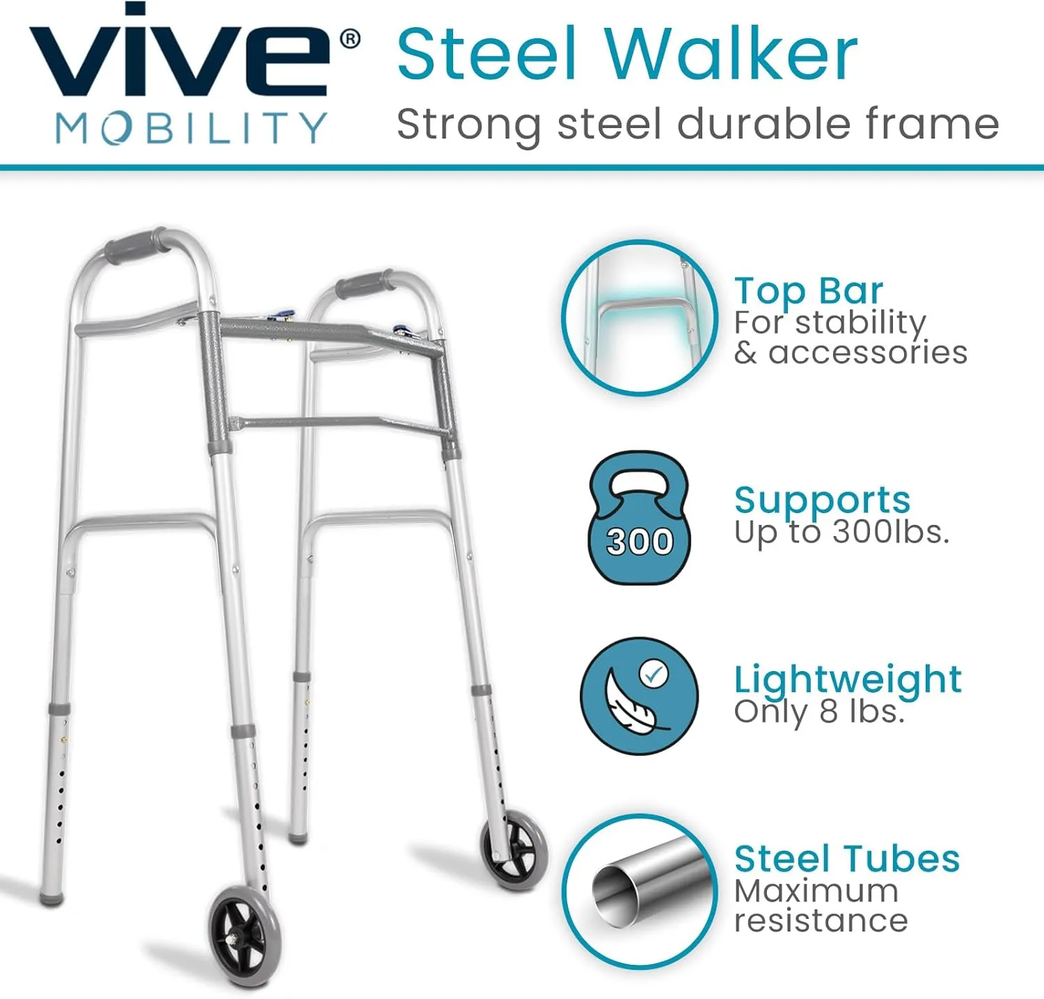 Vive Folding Walker for Seniors - Sturdy Steel Foldable Frame for Adults - Standard Walker with 5” Front Wheels and 2 Rear Ski Glides - Supports up to 300lbs, Adjustable Height